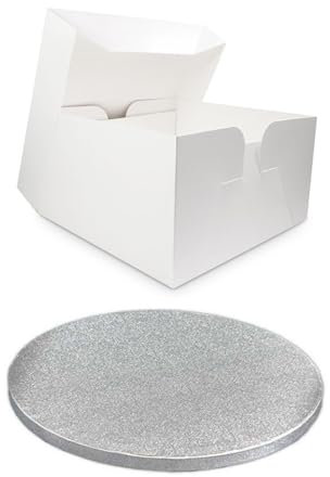 Single White Cake Box and Silver Round Board Pack - Thick Drum for Wedding, Party etc (6 Inches)