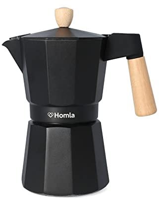 HOMLA Mia Mokka Espressokocher für 6 Tassen - Für köstlichen Kaffee Espresso Kaffeemaschine Gasherde & Induktionsherde - Aluminium + Buchenholz Schwarz