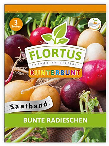 FLORTUS Bunte Radieschen Saatband | 3 Saatbänder für Radieschen Anbau | Saatgutmischung für Radies in rot, weiß, rot-weiß, gelb und violett