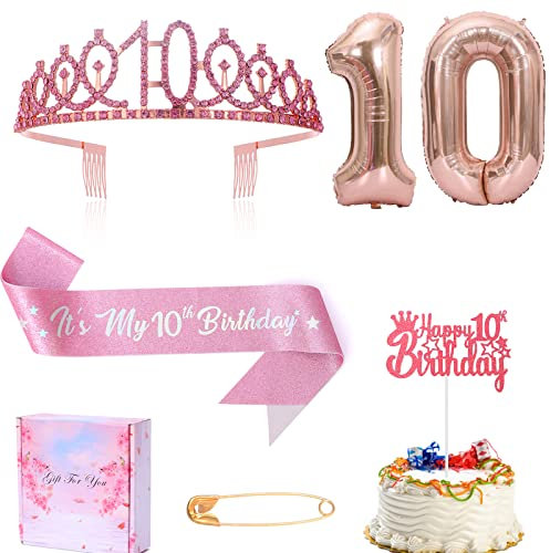 10. Geburtstag Dekoration für Mädchen,einschließlich Es ist mein 10. Geburtstag Schärpe Strass Krone Happy 10th Birthday Cake Topper, 32inch Folie 10 Ballon für Mädchen 10th Birthday Dekorationen