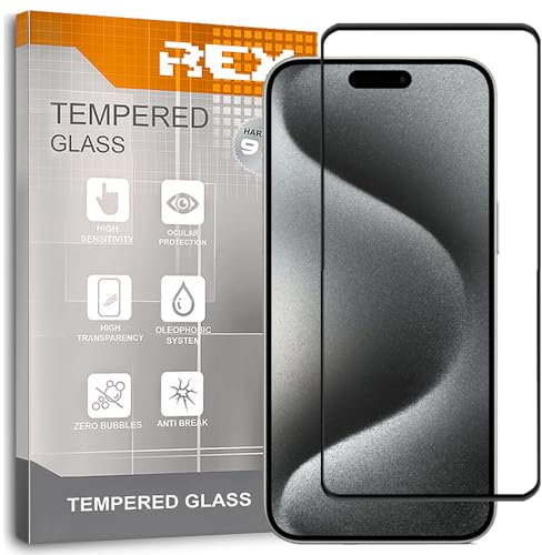 REY Protector de Pantalla Curvo para iPhone 15 6,1 - 16 6,1'', Negro, Cristal Vidrio Templado Premium, 3D / 4D / 5D, Anti Roturas