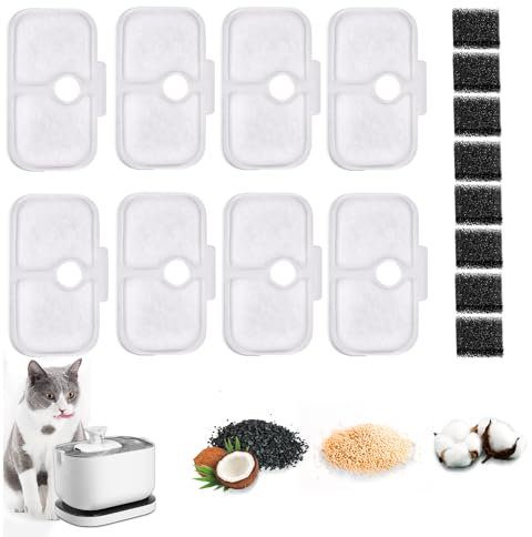 16Pcs Cat Water Fountain Filters, Cat Fountain Filters Set, 8Pcs Activated Carbon Filter and 8Pcs Foam Filter, Cat Mate Filters, Pet Water Fountain Filters Replacement for Petlibro Water Fountain