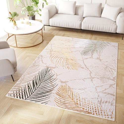 TAPISO Crystal Teppich Kurzflor Glänzend Gold Braun Creme Palmenblätter Feder 3D Effekt Wohnzimmer Schlafzimmer Modern Design ÖKO-TEX 250 x 350 cm