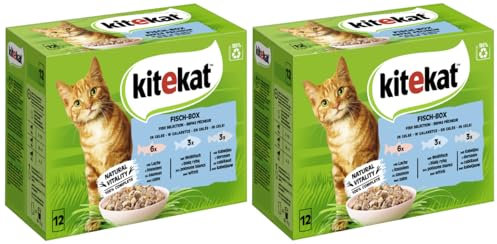 KITEKAT Portionsbeutel Multipack Katzenfutter Nassfutter (2X 12x85g, Fisch-Box in Gelee)