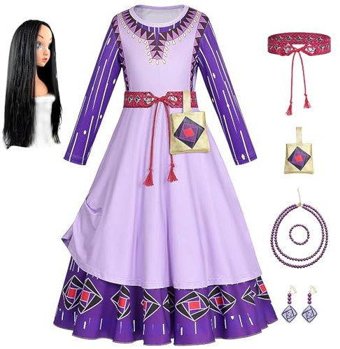 YOSICIL Wish Asha Mädchen Asha Kostüm Asha Kleid mit Zubehör mit Perücke für Weihnachten Geburtstag Halloween Karneval Party Cosplay Asha Kostüm Lila Asha Kleid für Kinder Mädchen,violett,120