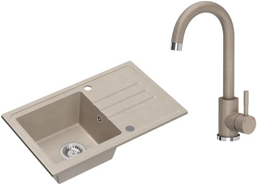 VBChome Spülbecken Granit Beige mit Armatur 70 x 44 cm Einzelbecken Einbauspüle Gesprenkelt Reversibel Granitspüle Siphon Waschbecken Beige Armatur
