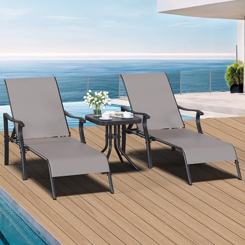YITAHOME 3PC Sonnenliege, Liege Garten mit Beistelltisch, Gartenliege 2 Personen 197x66x95cm, Wasserdicht und Wetterbeständig für Garten/Terrasse/Strand/Poolbereich mit 150KG Kapazität (Grau)