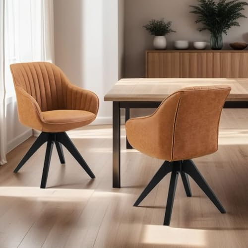 Zouron Esszimmerstühle 2er Set, Drehstuhl Sessel Braun Pu Leder Polsterstuhl Armlehnstuhl Küchenstuhl Massivholzbeine Sitzfläche 43x43cm (Braun-Massivholzbeine-2 pcs)