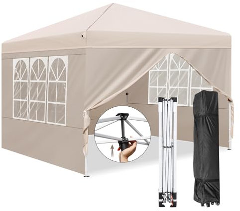 Leadyeah Pop Up Gazebo 2.5mx2.5m with sides, One-Person Push Setup Gazebo with Central Lock System, Included 4 Sidewalls & Wheeled Storage Bag, Ideal for Beach, Camping, Outdoor Party, Sports Beige