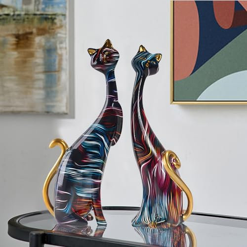 LIKEUDO Einzigartige Harzkatzen Statue für Katzenliebhaber - Perfekte Dekoration für Zuhause und Büro(Graffiti) (Blue + Yellow)
