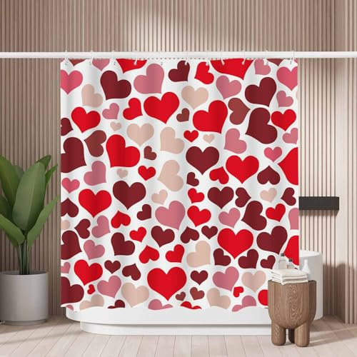 Woutay Shower Curtain Mould Proof Resistant Red Heart,Water Repellant Fabric,Polyester,with 12 Plastic Hooks,Size 180x180CM
