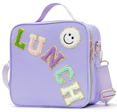 LOKFAR Insulated Lunch Bag Women Lunch Box Kids for Teen Girls Boys, Cute Preppy Lunch Boxes With Adjustable Shoulder Strap, Waterproof Nylon Lunchbox Lunch Bags for School Work Picnic (Purple)