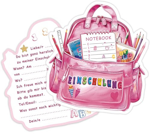 BOYATONG Einschulung Einladungskarten Mädchen - 12 Stück Einladung Einschulung im Süßer Rosa Schulrucksack Design, Schulanfang Deko Schultüte Mädchen