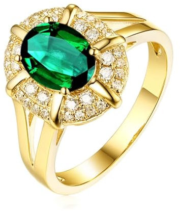 Smaragd Ring Echt, Vintage Ringe Damen 18 Karat Gelbgold Oval Geschliffene Smaragd Flow Klauen Grün Geburtstag Geschenk für Sie Größe 63 (20.1)