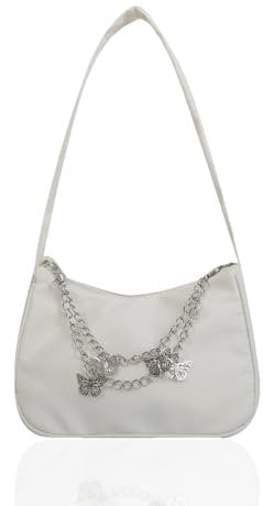 Ceihwa Umhängetasche Damen Y2k Schultertasche Vintage Kleine Handtaschen mit Kette 90s Women'S Shoulder Bag Tasche Aesthetic Teenager Mädchen Small Handbag Tasche Tote Bag Mini Segeltuchtasche-Weiß