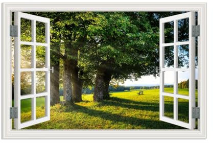 MOBYAT Quadro su tela Finestra con Vista,La luce del sole che passa attraverso i grandi alberi,Quadro Finestra Paesaggio Montagna,Quadri Finestra Effetto 3D 120x80cm(47x31in) Senza cornice