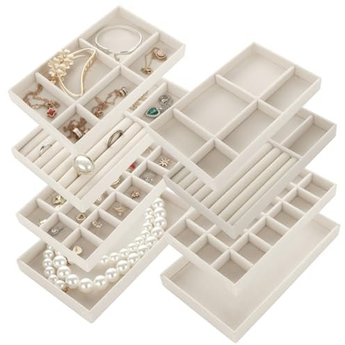 LOPYXBR 8 bandejas para joyas, color beige, organizador de joyas, cajón, cajón, apilable, almacenamiento de joyas para cajones, pulseras, pendientes, anillos, collares