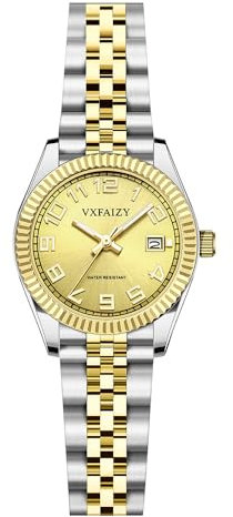 VXFAIZY Orologio da Donna Classico Facile da Leggere con Calendario Resistente All'acqua (Silver-Gold Gold)