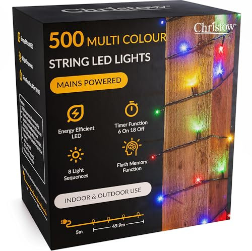CHRISTOW Christmas Fairy Lights, Multi-Coloured LED String Lighting with Timer, Indoor & Outdoor, Tree Lights, Mains Operated, 8 Light Modes Flashing & Static, Green Cable (500 LED / 50m Lit Length)