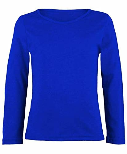 FASHION MY LOVE Girls Boy Kids Plain Basic Long Sleeve Round Neck T-Shirt Stretch School Tee Top Kids Long Sleeve Round Neck T-Shirt Stretch Uniform PE School Tee Top 2-13 Years Royal Blue