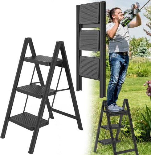 HENGMEI Alu Trittleiter 3 Stufen Haushalts‑Klappleiter, 150 kg Belastbar | Rutschfeste Stufenleiter mit Anti‑Rutsch‑Pedalen, Haushalts‑Stehleiter, multifunktionale Stufenleiter für Haushalt