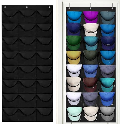 qimeyu Baseball Kappen Halterung,Kappenhalter Tür,Cap Organizer Tür,Cap Aufbewahrung,Doppelte Faltbar Kappenhalter Organizer mit 24 Taschen-Schwarz