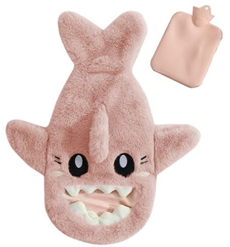 Opvonxeh Hot Water Bottle with Hand Pockets, Cartoon Shark Hand Warmers, Hand Feet Warmers, Thermal Rubber Hot Compress Bag, Shark Shape Hot Water Bottle Hot Water Bottle with Pocket Blue, Pink