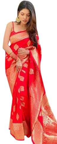 TRAFAART Damen-Sari im Kanjivaram-Stil, indischer Banarasi-Jacquard-Sari mit ungesäumtem Blusenteil