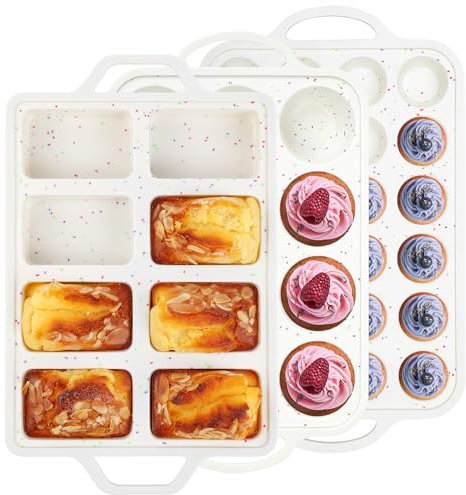 AOTASO 3 Pcs Silicone Baking Pan Set - Including Mini Loaf Pan, Standard Muffin Pan and Mini Muffin Pan - Silicone Cupcake Molds With Metal Reinforced Frame (Cream)