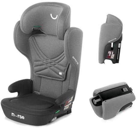 Nurse Spring, Silla de Coche iSize, 100 a 150 cm, 4 a 12 Años, Isofix, Silla Coche de Viaje, Portátil, Plegable, Reclinado Multiposición, Gris, Spring i-Size