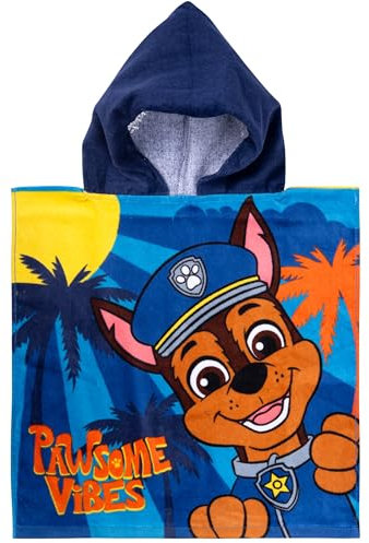United Labels Paw Patrol Badeponcho für Jungen, Blau, Chase Pawsome Vibes, 50 x 100 cm, 100% Baumwolle, Kinder Badehandtuch mit Kapuze, Handtuch Poncho