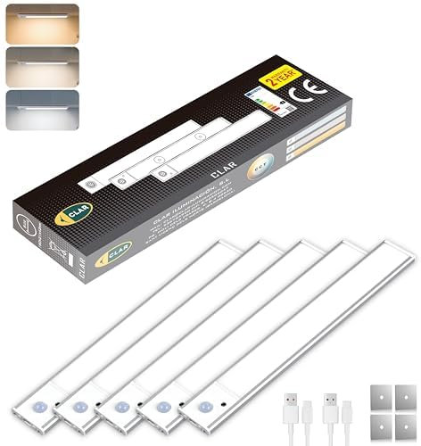 CLAR - Lámpara LED bajo mueble con detección de movimiento, inalámbrica y recargable, iluminación magnética para cocina y armario, 30 cm (pack 5)