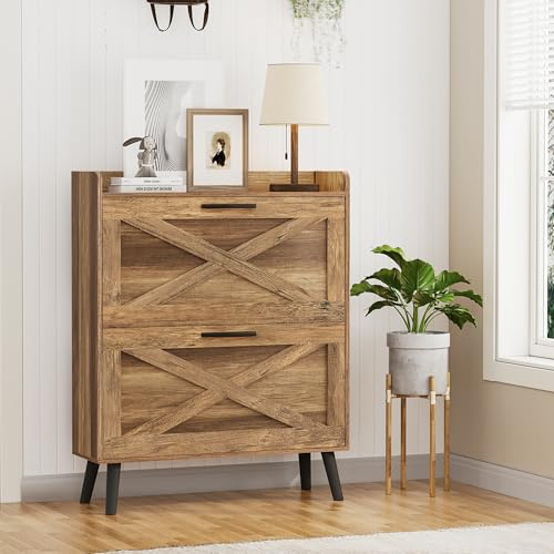 Homleke Farmhouse Schuhschrank mit 2 Klappschubladen und Scheunentür-Design, verstellbare Regalböden, modern, versteckt, schmal, Schuhregal für Eingangsbereich, Foyer, Flur, Wohnzimmer, rustikales