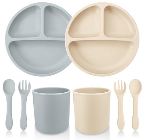 CUBTEM Vaisselle Bebe,Lot de 8 Set Repas BéBé,2 Assiettes Ventouse Pour BéBé,2 Cuilleres Bebe,2 Fourchettes et 2 Gobelets Bebe,Ensemble D'alimentation pour Bébé en Silicone