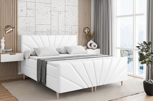 ALTDECOR Boxspringbett mit Holz Füßen, Matratze und Lattenrost, Topper, Fußteil, Polsterbett mit Bettkasten, Bett mit Stauraum H3-Matratze, Doppelbett - MILTIO-FD-Z - 180x200 - Weiß Kunstleder