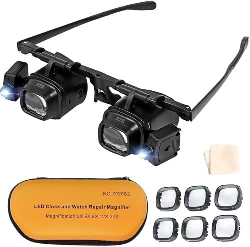 Kopflupe mit Licht, Kopf Lupenbrille für Brillenträger, Lupenbrille mit Licht, 2.0X 6.0X 10.0X 24.0X Fach Vergrößerung für Juwelierlupe, Nähen, Handwerk, Lesen Hobbys