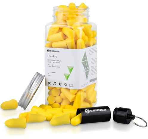 Senner ® SchaumPro | Gehörschutz für einen ruhigen Schlaf oder Schutz auf Arbeit - Ohrstöpsel mit hoher Lärmdämmung (SNR) von 35 dB, erhält Weckertöne, 60 Paare mit Alubehälter für Transport