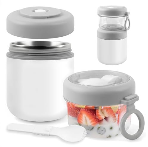 Veftsvy Porta Yogurt Termico 530ml+330ml, Acciaio Inossidabile Tazza Yogurt to Go, Riutilizzabile Porta Vogurt e Cereali con Cucchiaio, per Ufficio, Scuola, Campeggio (Bianco)