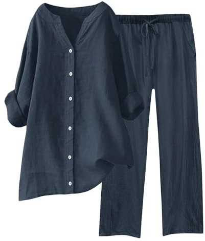 ReSin90s Zweiteiler Damen Freizeitanzug Aus Einfarbiger Baumwolle Und Leinen, Langärmliges Revers Oberteil, Hemd + Hosenanzug, Musselin Set Lockere Und Atmungsaktive, Leicht Und Luftig Outfits