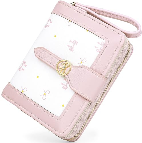 Busnos Geldbörse Damen Geldbeutel Klein Portemonnaie Damen Mini Portmonee for Women Geldbörsen Schleife in Rosa mit Münzfach und Kartenfächern | Geldbeutel aus PU Leder