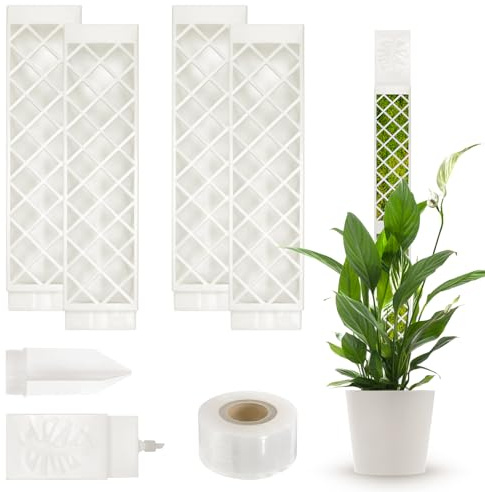 4 Piezas tutores para Plantas Varillas de Musgo Trepadoras, Soporte para Monstera y Pothos con Púas de Tierra y Ataduras (Blanco)