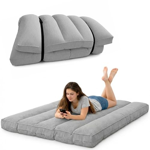 bananair - Futón Japonés Enrollable 2 Personas, Grueso y Cómodo, Fabricado en Francia, Funda Lavable, Cama Plegable de Suelo Práctica – Colchón Plegable, Correa de Incluida (140 × 190 cm, Gris Claro)