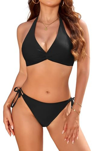 Nadeer Bikini Damen Set Neckholder mit Front Knot und Schnürung | Bademode Zweiteiliger, Push Up, Sexy V Ausschnitt, Low Waist, Verstellbare Träger, Badeanzug Swimsuit