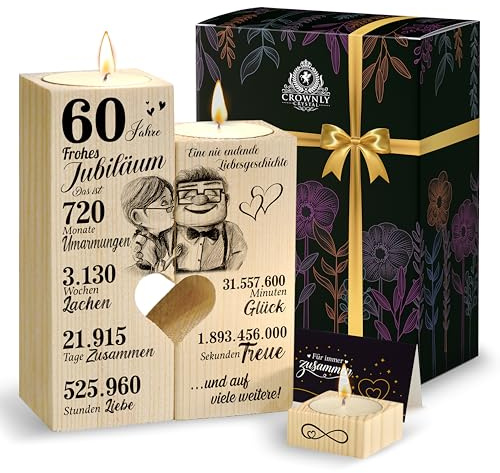 CROWNLY® 60. Hochzeitstag Geschenke für Paare – Diamantene Hochzeit Geschenk Holz Teelichthalter 3er Set mit Geschenkbox, Jahrestag Geschenk für Ihn und Sie, 60 Jahre Jubiläum Kerzenhalter Deko