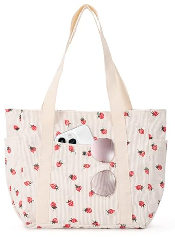 LUHOCIY Kordsamt Tote Bag, Cord Tasche Damen, Cord-Tragetasche, Niedliches Erdbeer-Muster, Leicht und Langlebig, mit Reißverschluss, Geeignet für Arbeit, Einkaufen, Reisen und Freizeit