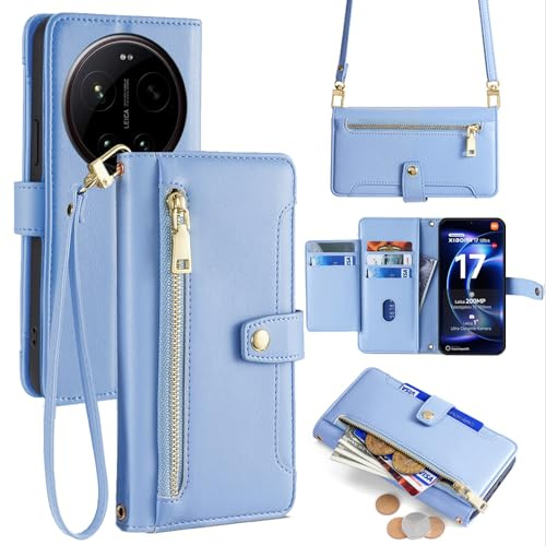 betterfon Handyhülle mit Portemonnaie für Xiaomi 17 Ultra - Tasche mit Reißverschluss, 5 Kartenfächer und 2 abnehmbare Ketten, Hellblau
