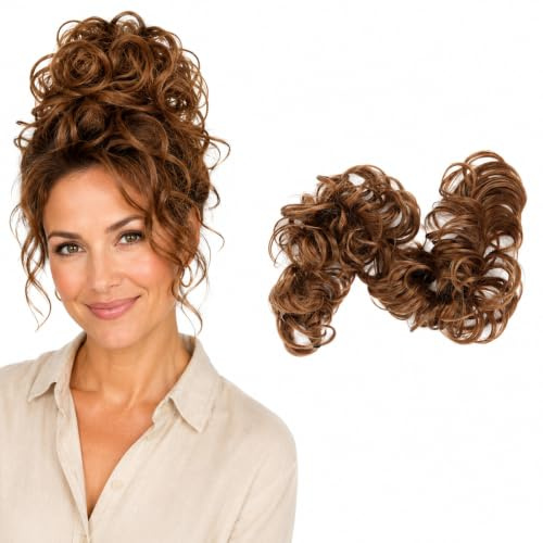 CAISHA 80cm Synthetic Wrap Bun Hair Piece Extension Medium Brown HW2 | Heat Resistant Chignon Updo Scrunchie Voluminous Wavy Donut Accessories Messy Elastic Band Bridal Wedding Party Top Knot Fake