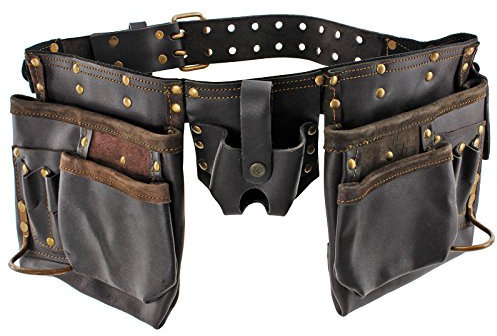 SPARES2GO Oil Tanned Double Leather Tool Belt 12 Pocket Joiners Nails Pouch