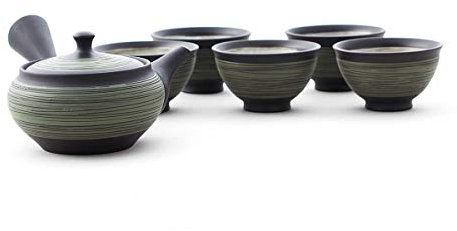 Original japanische Teekanne, Kyusu, mit 5 Becher: Nichiyobi. Integriertes Tee-Sieb aus Edelstahl. Echt japanisches Tee-Set aus natürlichem Tokoname-Ton in schöner Geschenk-Box