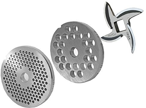 WolfCut Jeu de disques perforés pour Tous Les Hachoir à Viande Tailles 10 et 12 mm + 8 mm alésage et 1 Couteau de sûreté pour Hachoir à Viande Jupiter Bosch Alexanderwerk Gastroback - Prospero